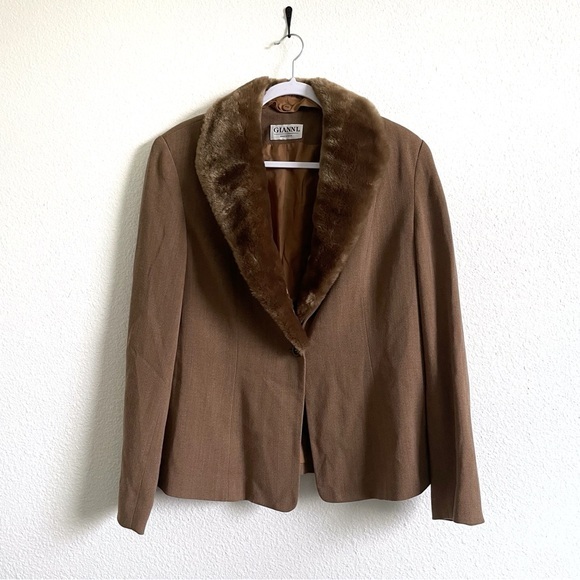 Vintage Gianna Faux Fur Shaw Collar Blazer Jacket  Womens 14 Camel Brown 90s Y2K - Picture 1 of 9